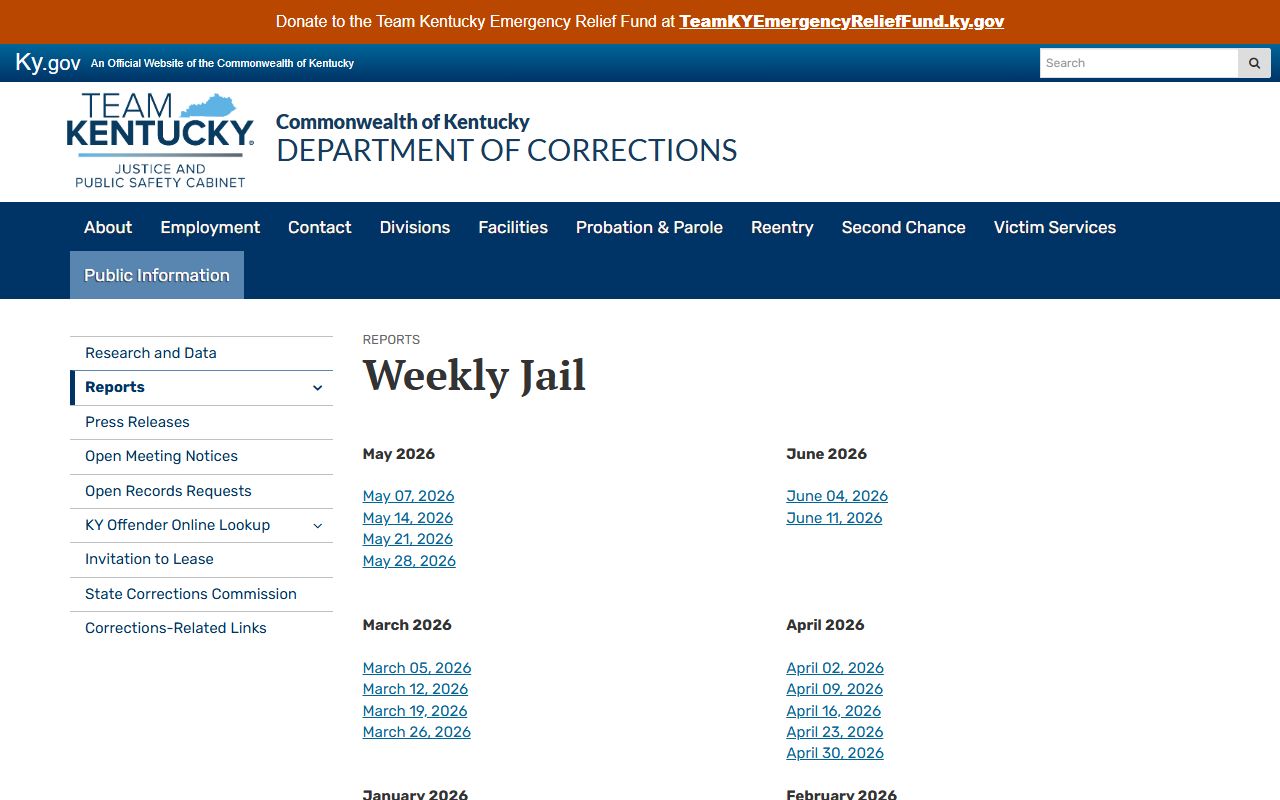KDOC weekly jail report index for Barren County Detention Center inmate population